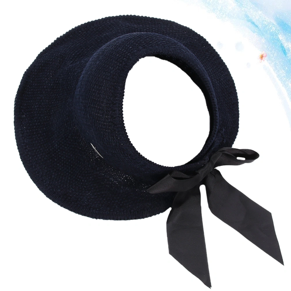 1PC Knitted Empty Hat Summer Sun Block Hat Portable Sun Block Wide Brim Hat Creative Bowknot Sunscreen Straw Hat for Beach Women (Black)