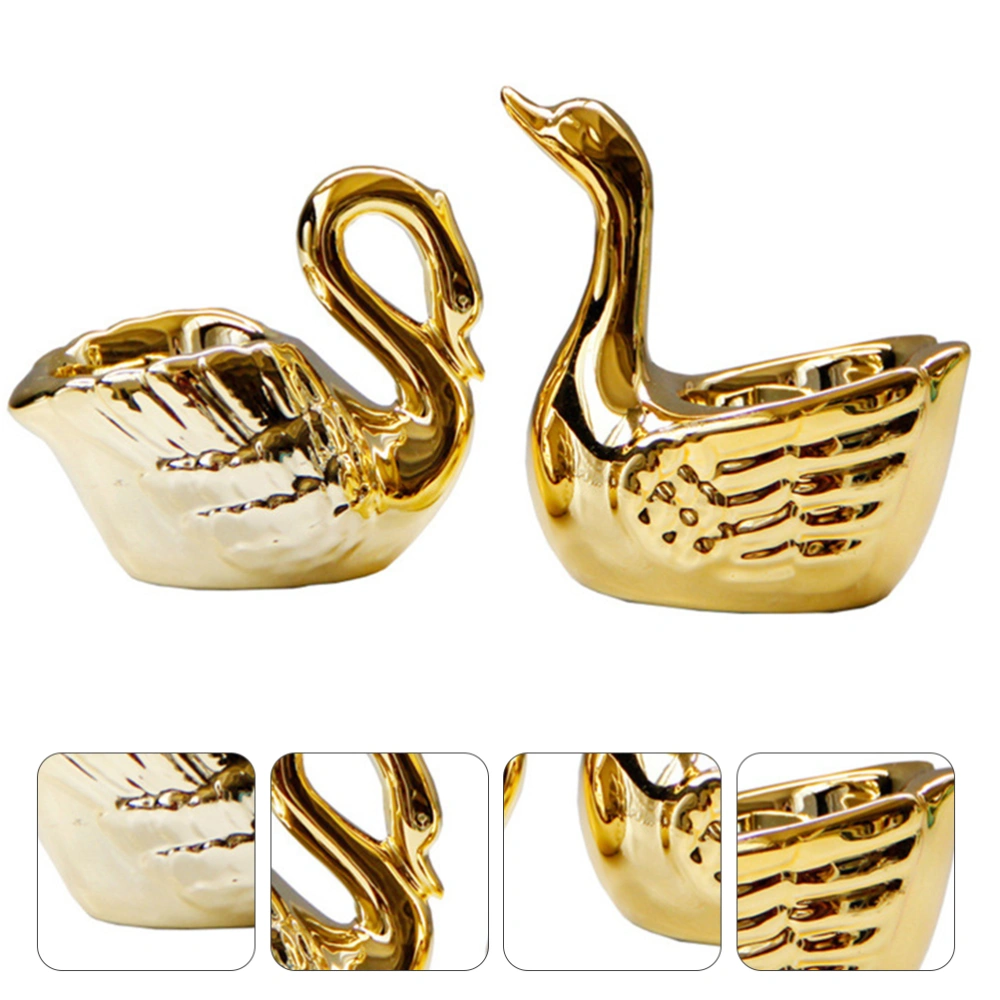 2PCS Golden Ceramic Swan Candlestick Wedding Desktop Decoration(Golden 2 Styles)