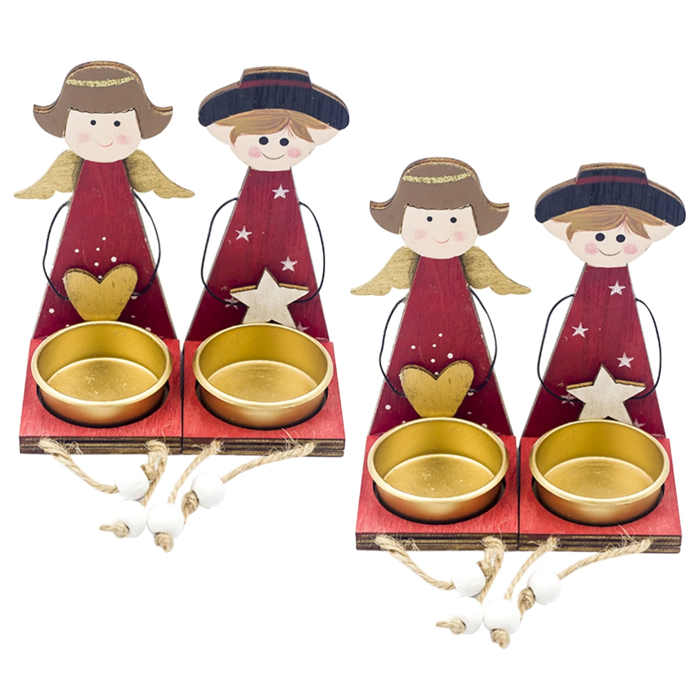 4 Set Christmas Wooden Candle Holder Painted Christmas Angel Candlestick Desktop Ornament for Wedding Party Home Decoration with Metal Cup (Boy, Girl Style, 2 Set for Each)