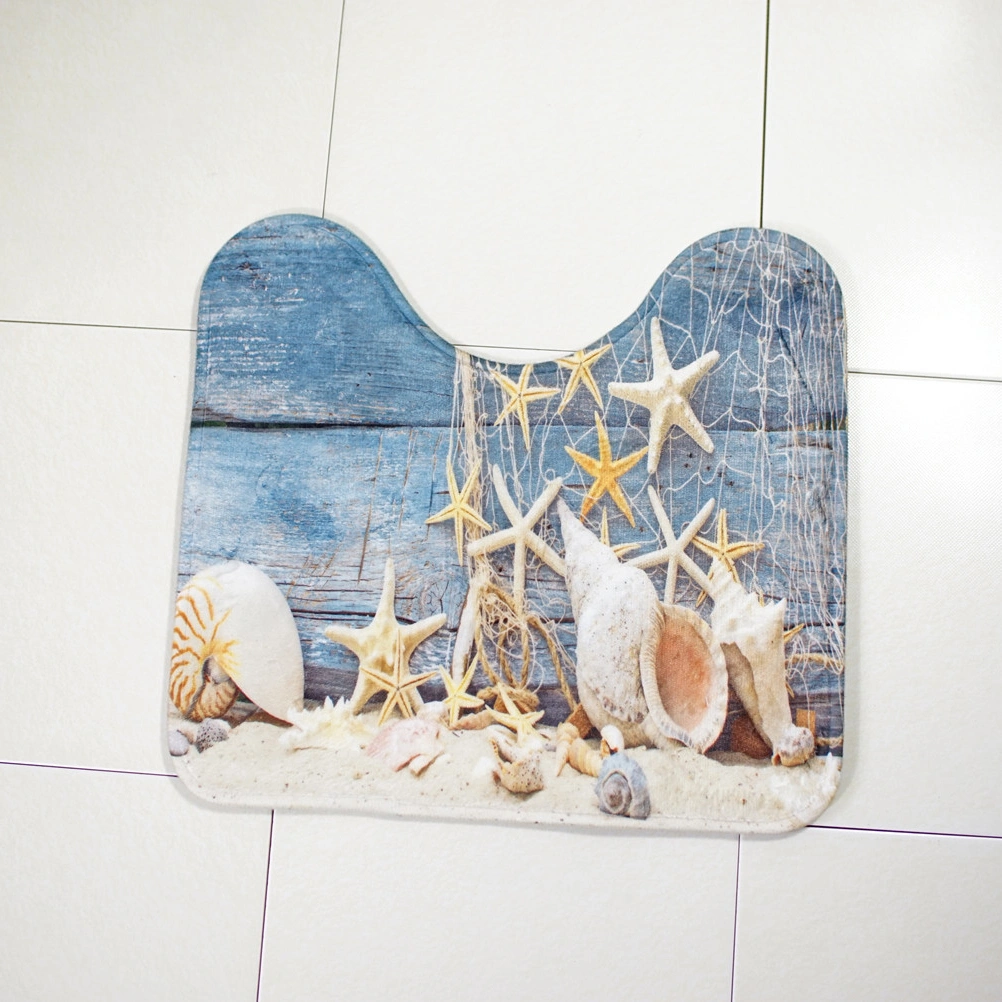 3pcs Shower Mat Absorbent Printing Non-slip Bathroom Rug Bath Mat Rug Toilet Lid Cover (Seashell Conch Floor)