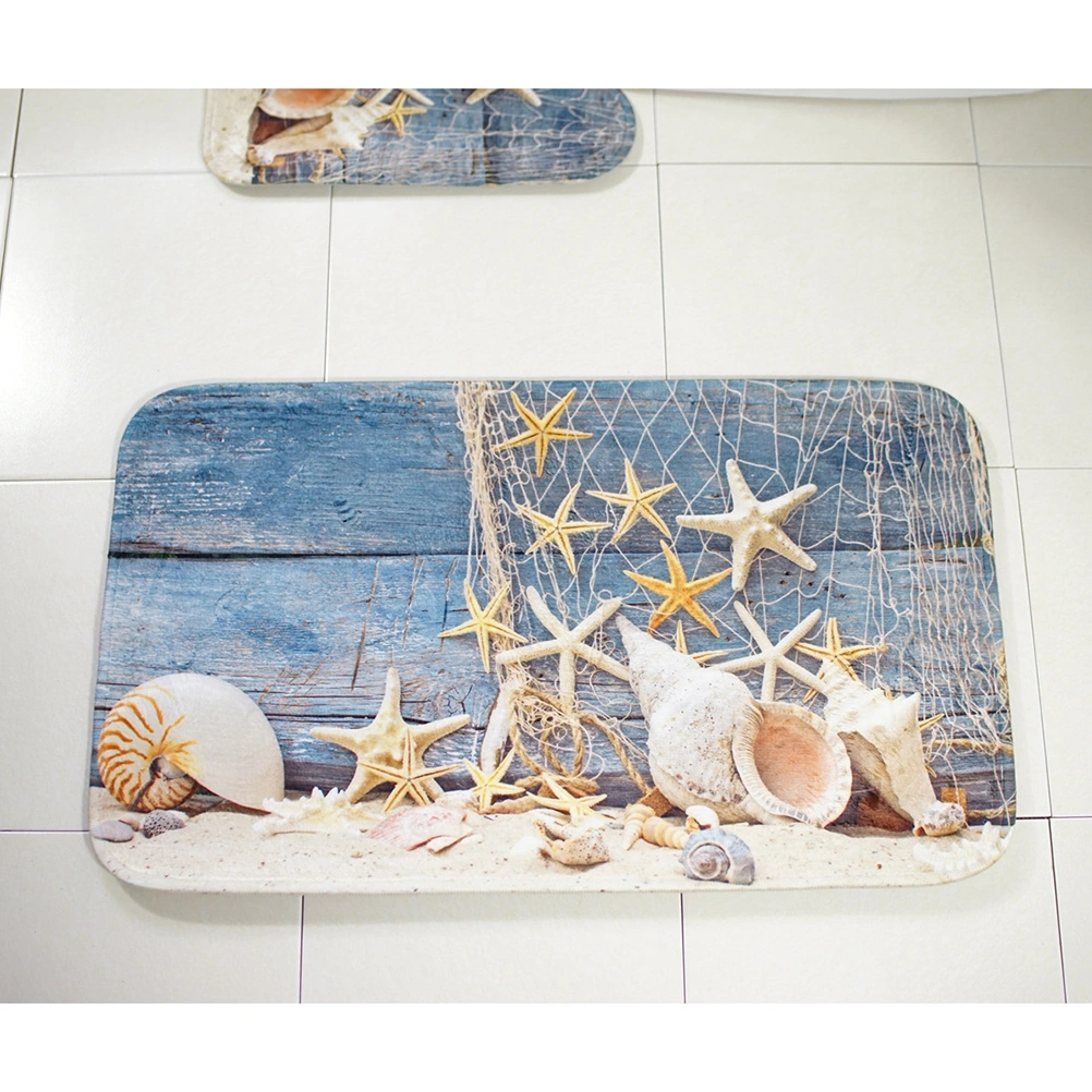 3pcs Shower Mat Absorbent Printing Non-slip Bathroom Rug Bath Mat Rug Toilet Lid Cover (Seashell Conch Floor)