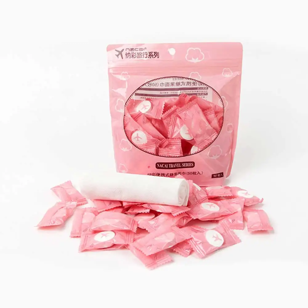 50 Pcs/Pack 20x20cm Portable Compressed Travel Towel Mini Disposable Compressed Towel Tablets (Pink)