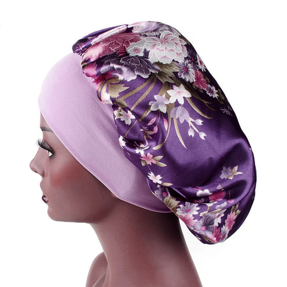 Floral Prints Nightcap Wide Side Satin Sleeping Hair Loss Caps Chemotherapy Hats Beanie with Elastic Band for Women and Girls (Purple)