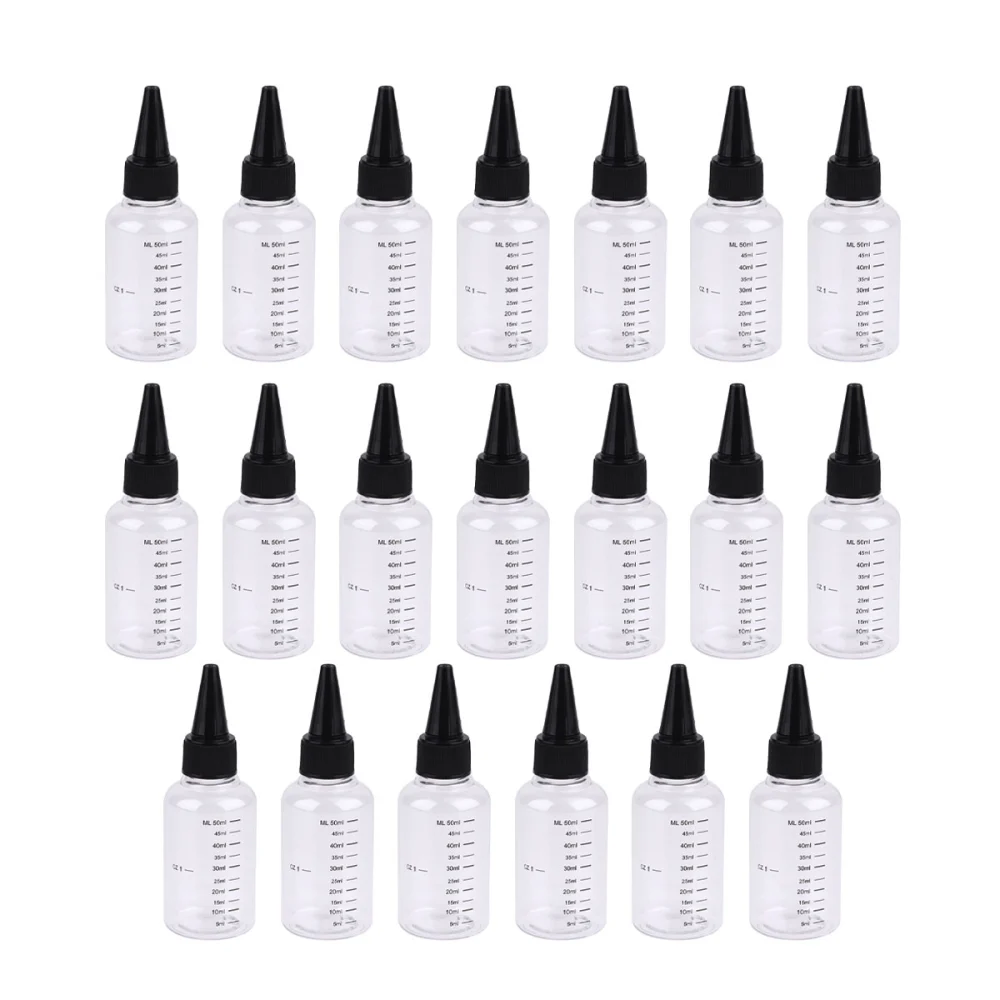 1 Package of 50ML Transparent Portable Travel Empty Bottles Squeezable Tip Dropper Bottles with Scale (20Pcs/Package, Random Color for Lid)