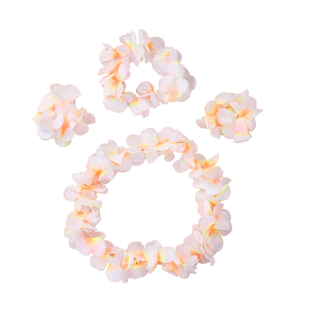 4Pcs/ Set Ruffled Simulated Silk Flower Hawaiian Leis Necklace Bracelets Flower Wreath Headband Floral Garland Crown Women Girls Headwear For Luau Party Supplies Favors (White)