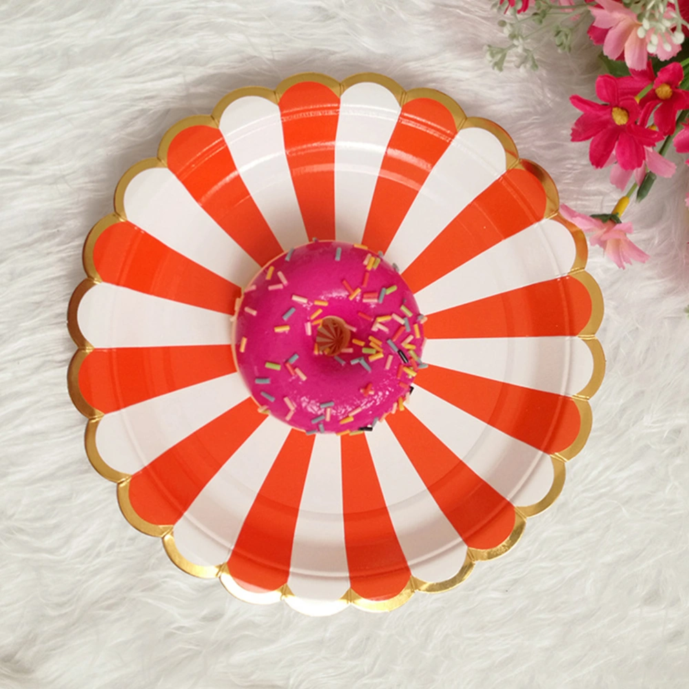 8PCS 7 Inches Paper Disposable Tray Delicate Gold-plated Stripe Tray Creative Birthday Party Accessories Cartoon Cake Paper Plate Thickening Paper Tray for Home Use Orange Stripe Style