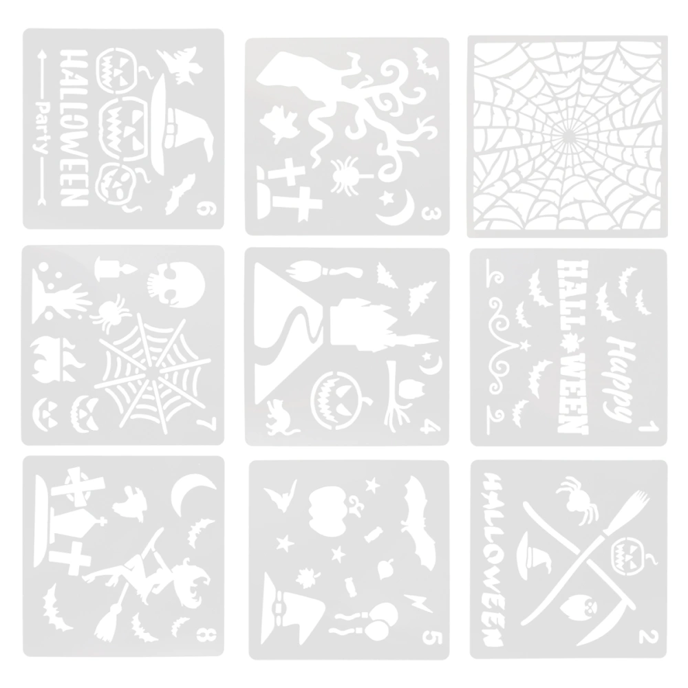 9pcs Halloween Themes Stencils Plastic Drawing Painting Stencil Templates Halloween DIY Stencils for Kids Children (White)