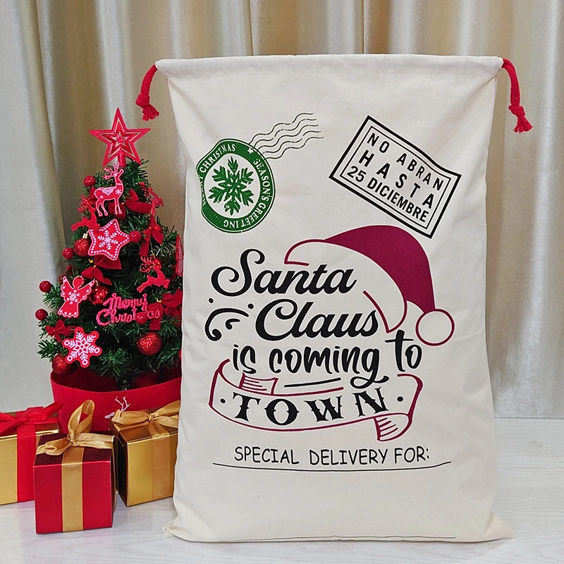 Christmas Drawstring Bag Canvas Xmas Bag Large Capacity Gift Bag Festive Party Bag Xmas Gift Pouch