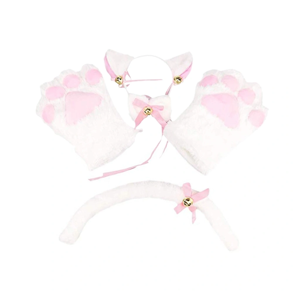 Creative Animal Headband Cat Claw Gloves Bell Girl Fairy Kids Performance Stage Costume Set(White)