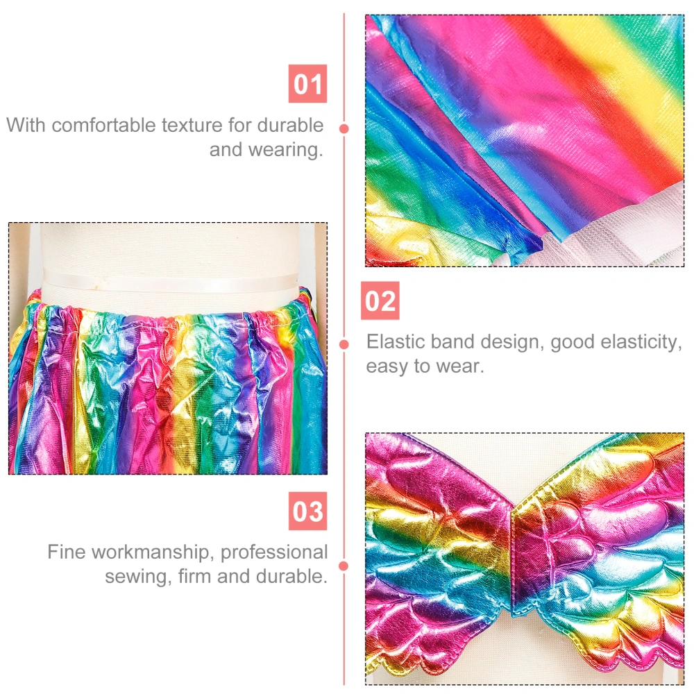 Party Girls Tulle Skirt Unicorn Headband Wing Set Style Gauze Dress Costume for Kids Stage Performance Party (3pcs A Set, Rainbow Color)