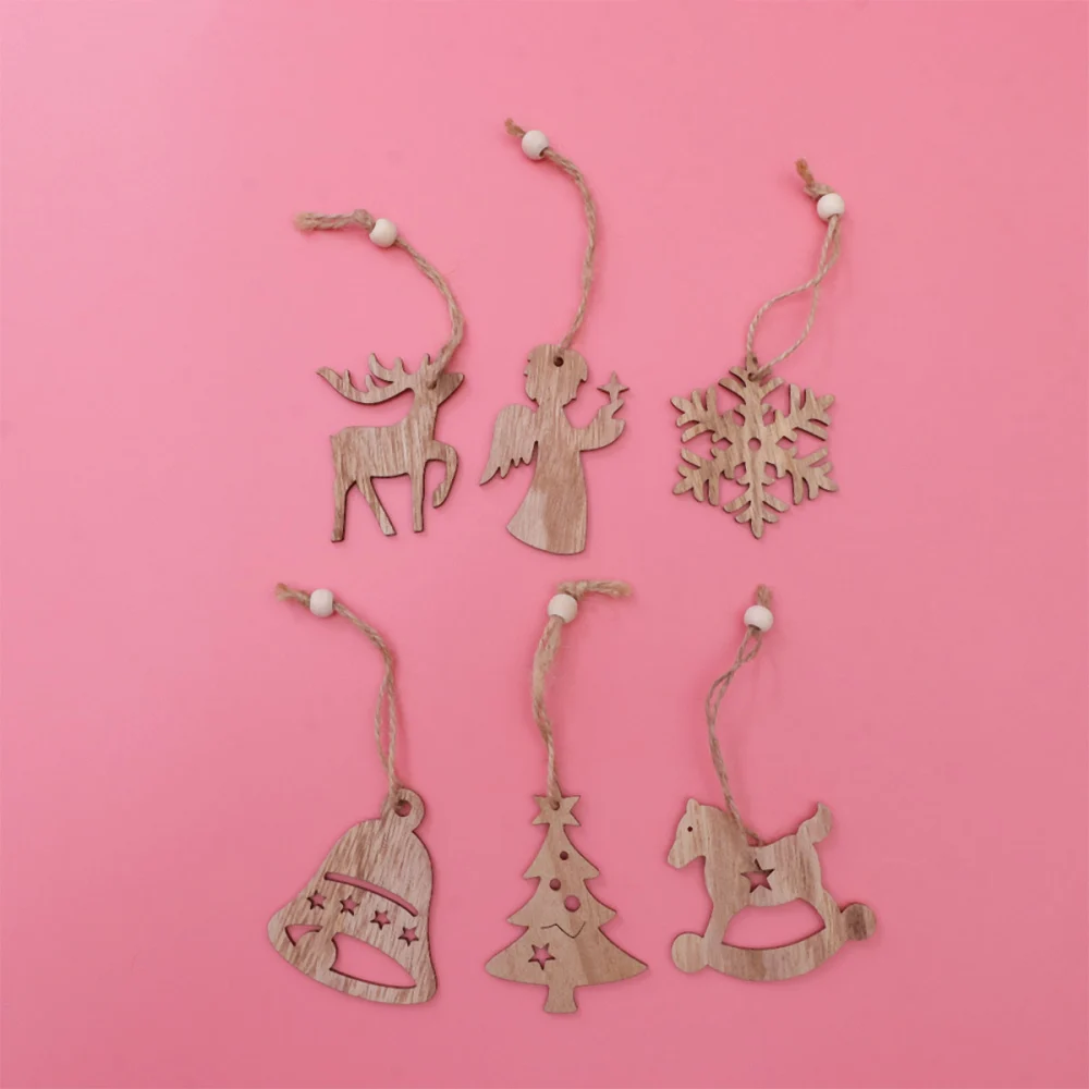 6PCS/Pack Vintage Wood Tag Christmas Snowflake Elk Angle Tree Bell Hobbyhorse Ornament Hanging Pendant DIY Craft for Wedding Party Decoration (Natural)