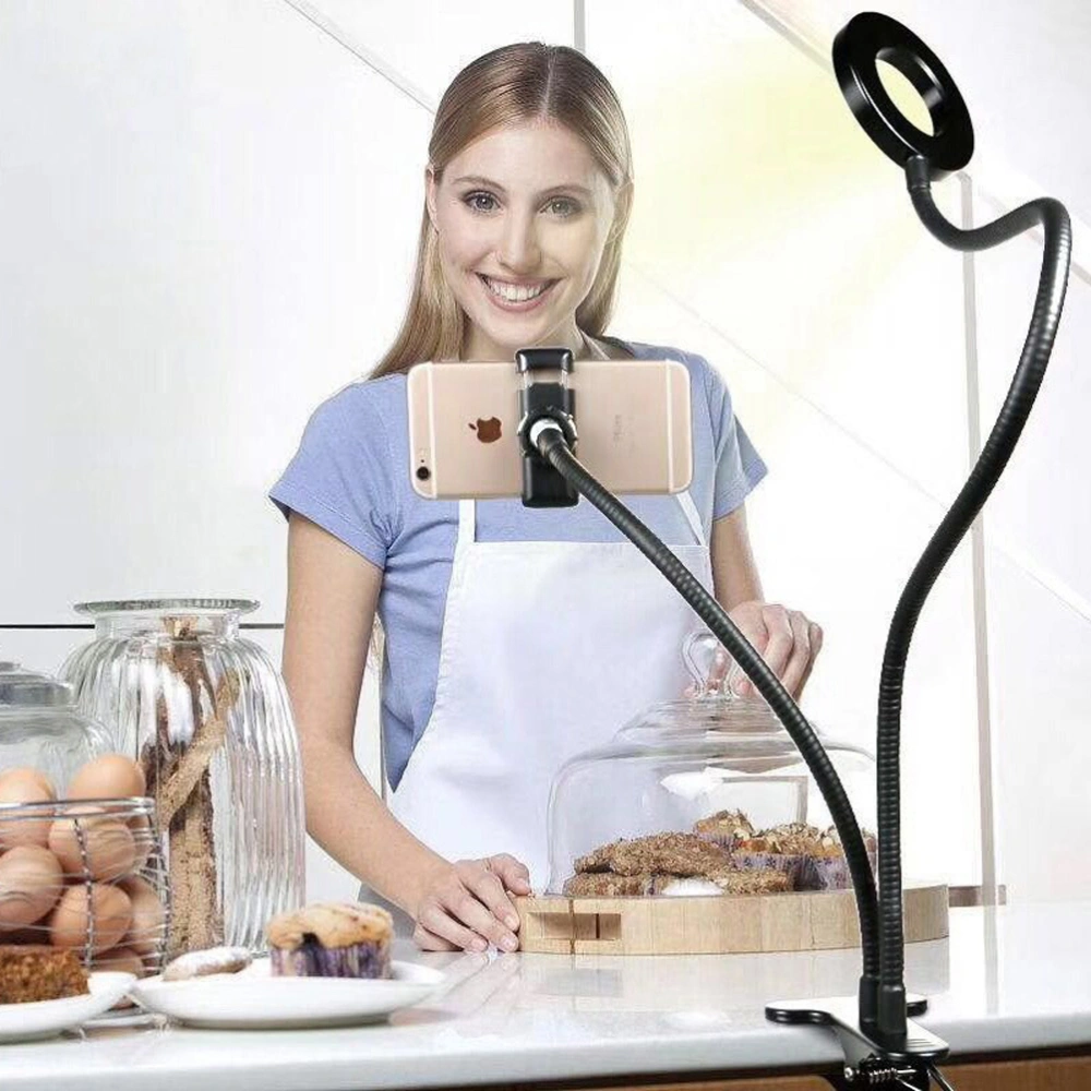 Selfie Ring Light with Flexible Long Arms Cell Phone Holder Stand for Live Stream and Makeup(Black)