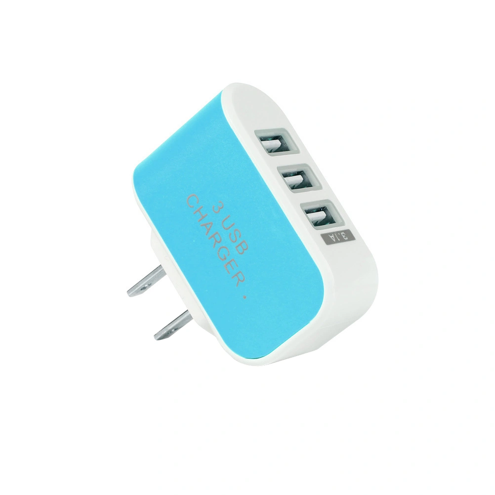 Universal Three USB Ports Outlet Wall Charger AC Power Adapter 3.1A Fast Charge Plug With LED Light For iPhone 7/ 6s/ Tablets/ Galaxy S8/ / Nexus/ HTC/ OnePlus And More With US Plug (Blue)