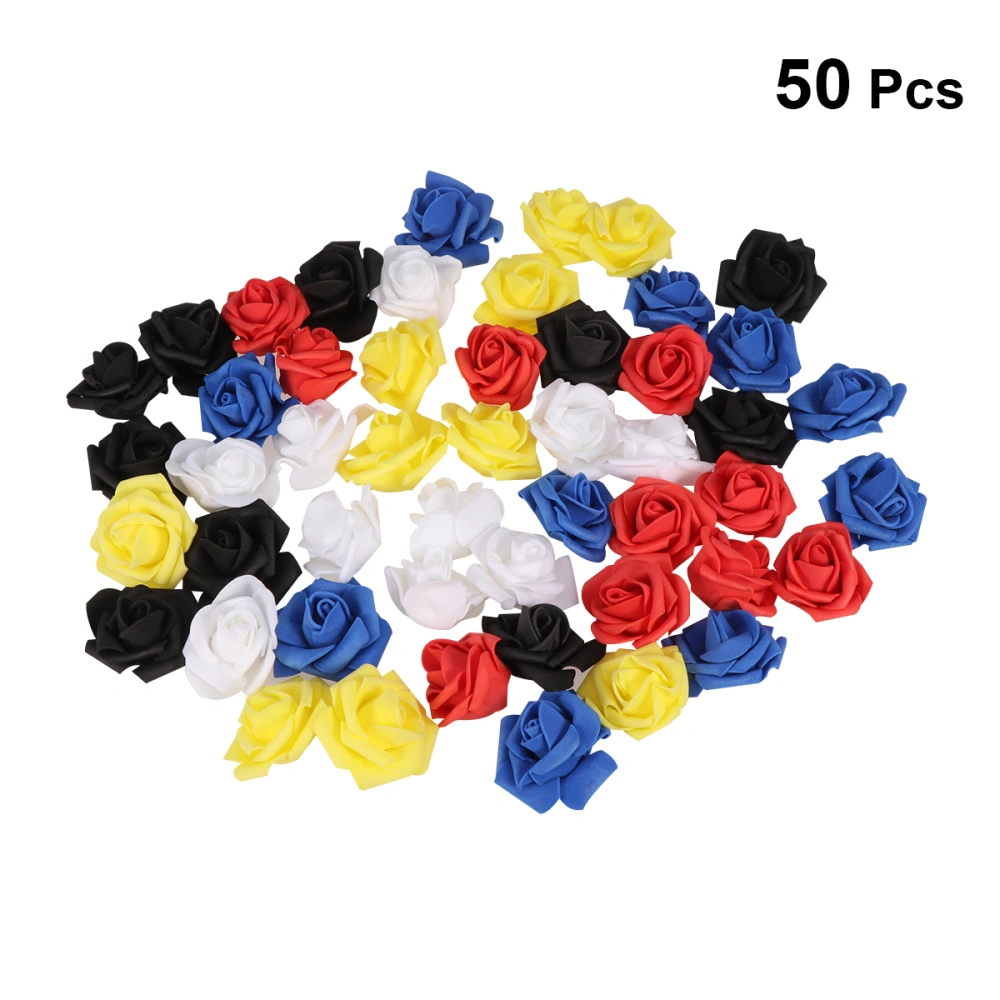 50Pcs Imitation Rose Flowers Ornament Lifelike Artificial Flower Adornments Wedding Bouquet Candy Gift Decorative Flowers (White Black Yellow Sapphire Red 10Pcs Each)