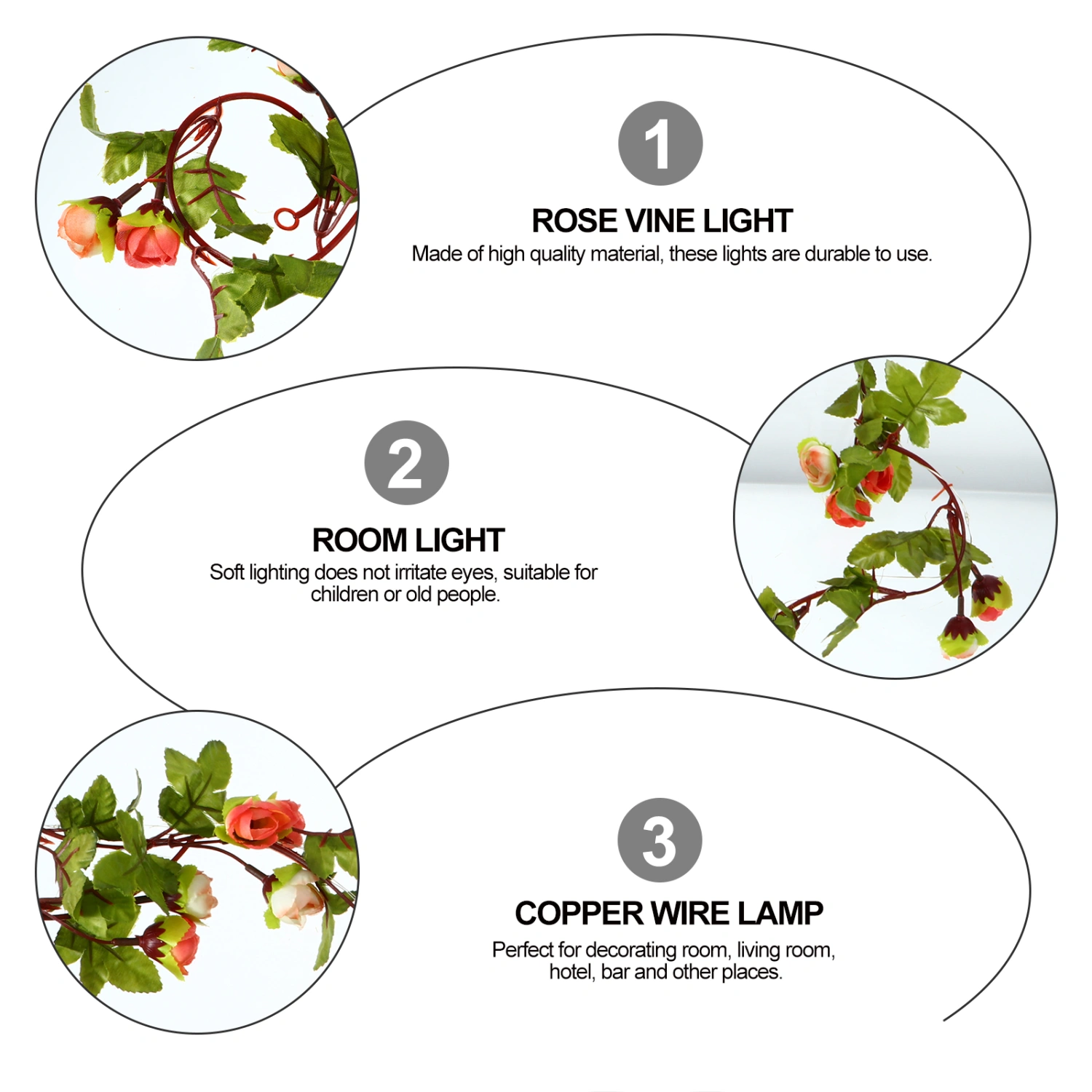 Rose Vine String Lights LED Copper Wire Lights Room Light with No Battery