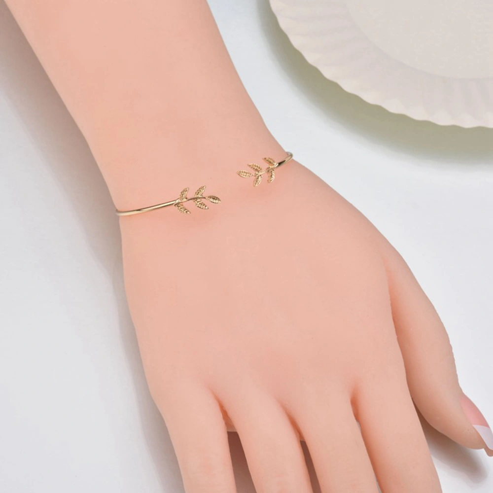 Simple Olive Leaf Branch Open Wire Bangle Cuff Bracelet for Women Adjustable (Gold)