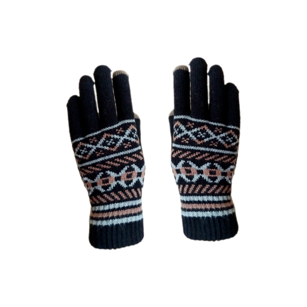 1 Pair of Men's Woolen Yarn Gloves Knitted Warm Gloves Full Finger Gloves Printed Gloves Black