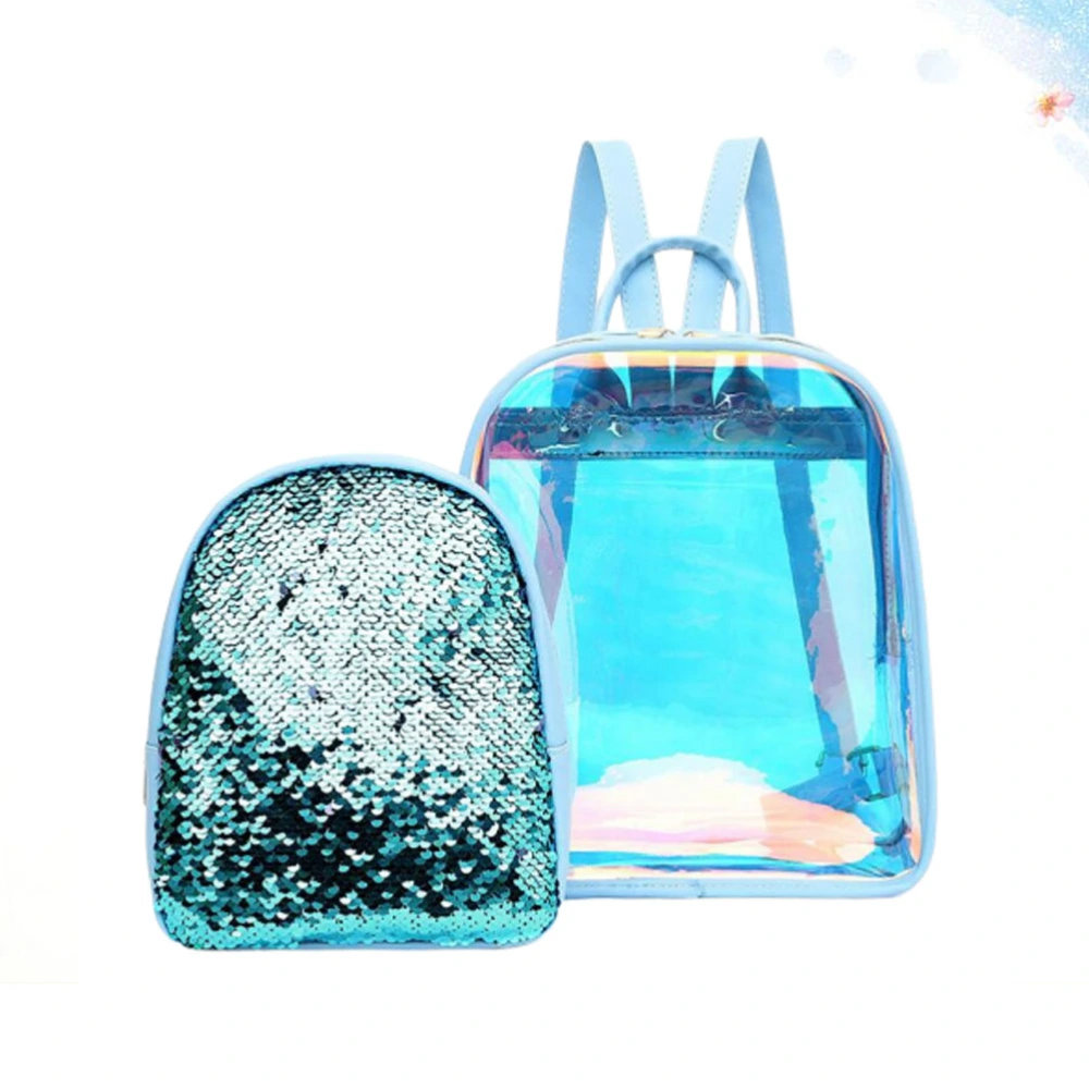 1 Set Backpack PVC Transparent Shoulder Bag and Sequin Backpack Casual Satchel Blue