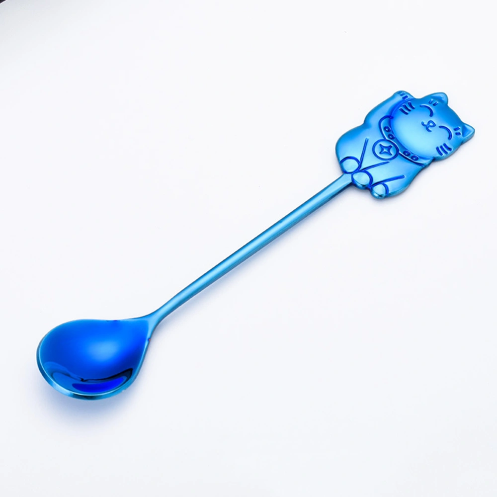 304 Stainless Steel Luck Cat Coffee Stirring Spoon Cartoon Dessert Spoon for Eating Dinner Kitchen (Blue)