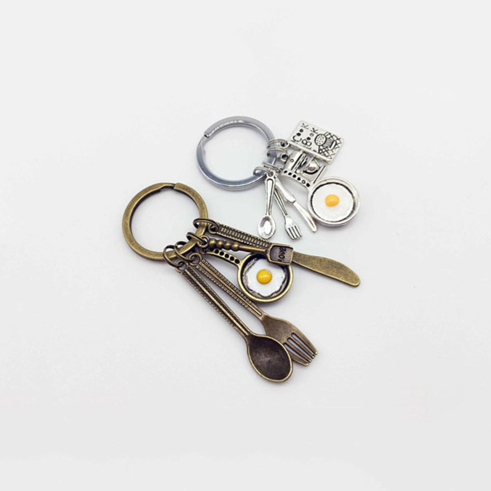 2pcs Fried Egg Keychain Cutting Tool Fork Spoon Tableware Key Rings Cook Book Hanging Keychain Ornament (2#)