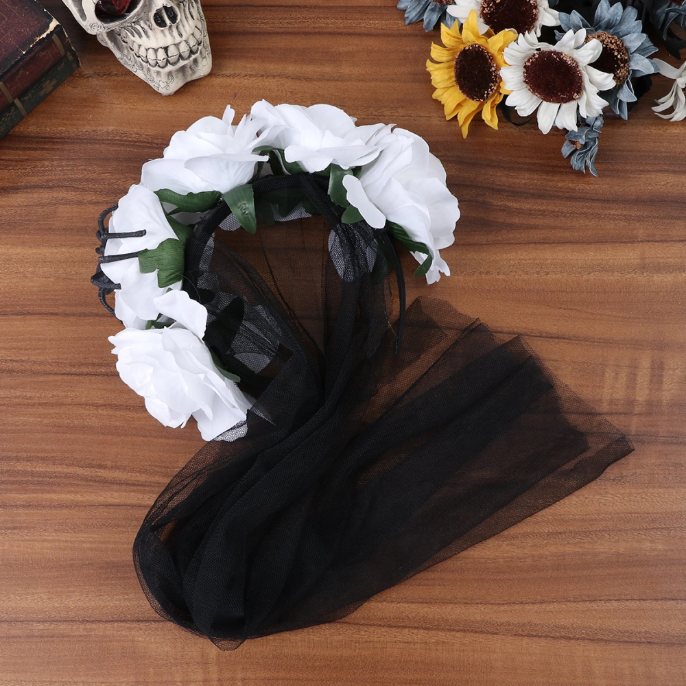 Halloween Party Lace Veil Head Buckle Simulation Rose Flower and Spider Headband Halloween Party Hair Accessories Day of the Dead Headpiece White