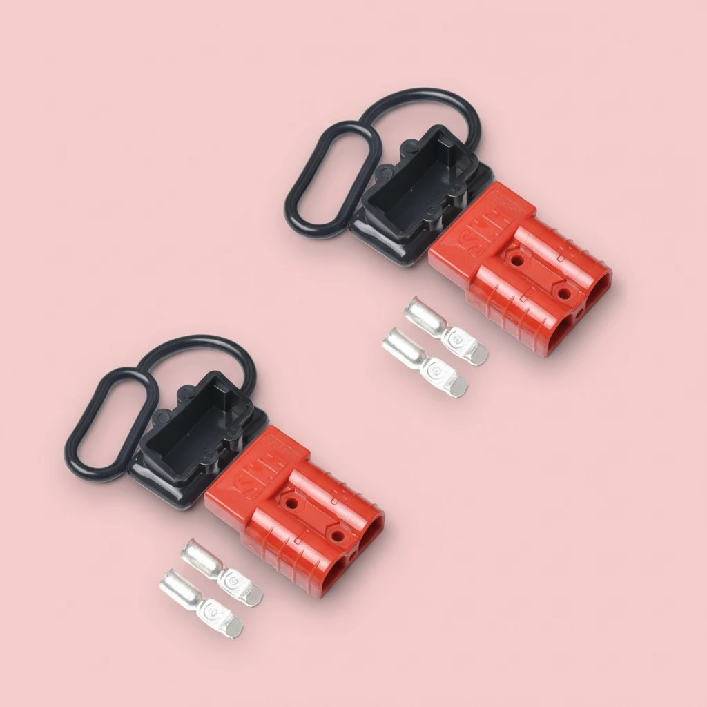 A0190 Pair Of 50A 600V Power Connector Plug With 2 Contacts And Protective Cover Double Pole Connector Quick Connect/ Disconnect Plug for Recovery Winch or Trailer (Red)