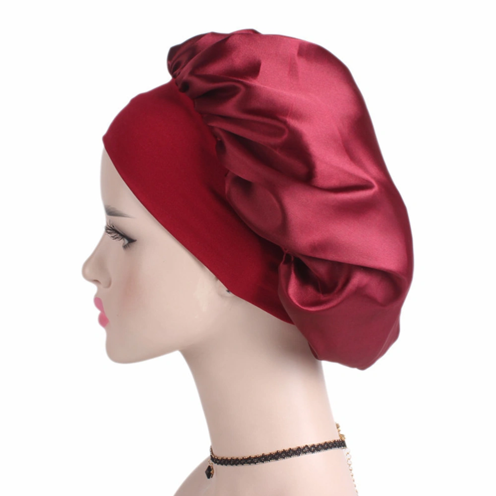 Wide Side Elastic Nightcap Satin Sleeping Hair Loss Caps Chemotherapy Hats Beanie with Elastic Band for Women and Girls (M 56-58CM Dark Red)