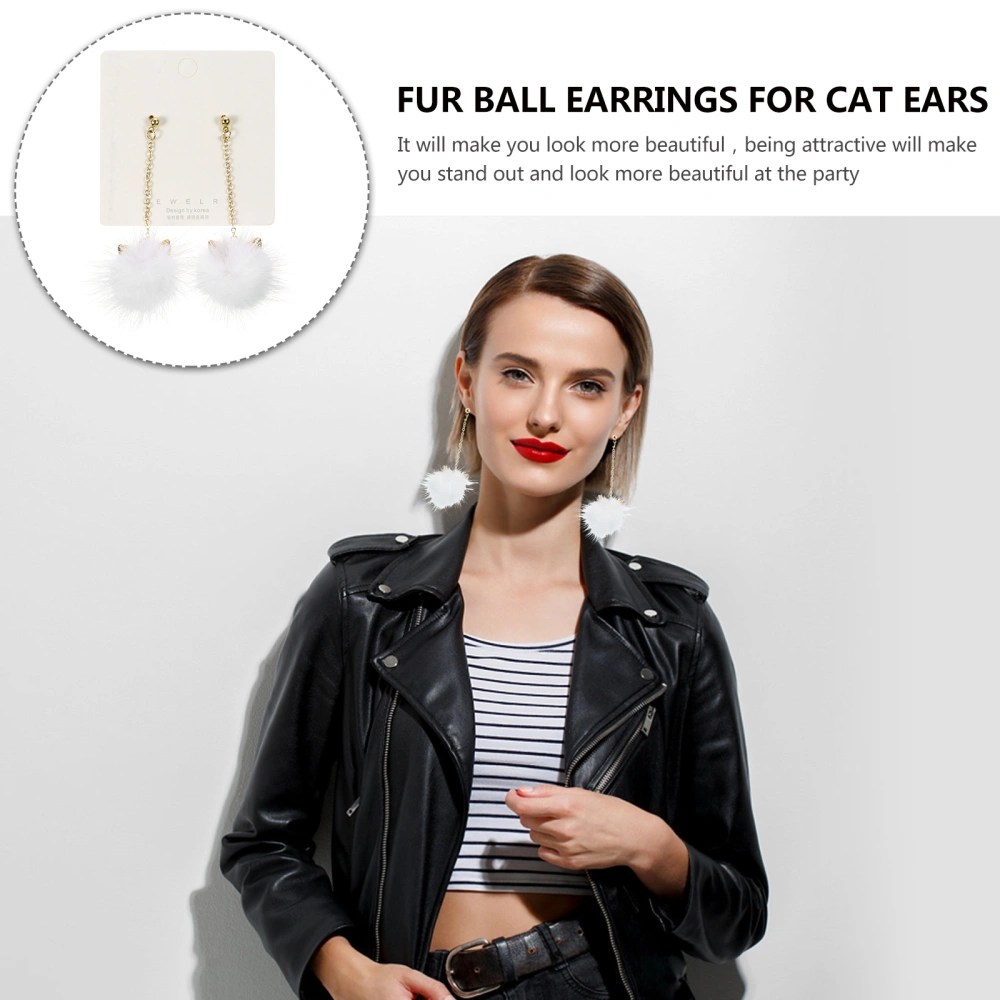 1 Pair Cat Ear Fur Ball Earrings Fluffy Pom Pom Long Earrings for Women Girl