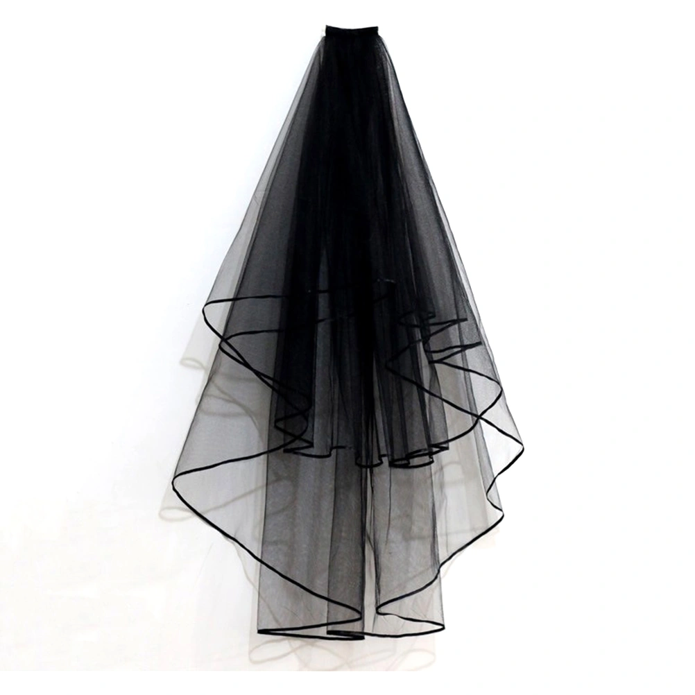 1pc Bride Wedding Veil Retro Black Long with Ribbon Border for Women Ladies (Black)