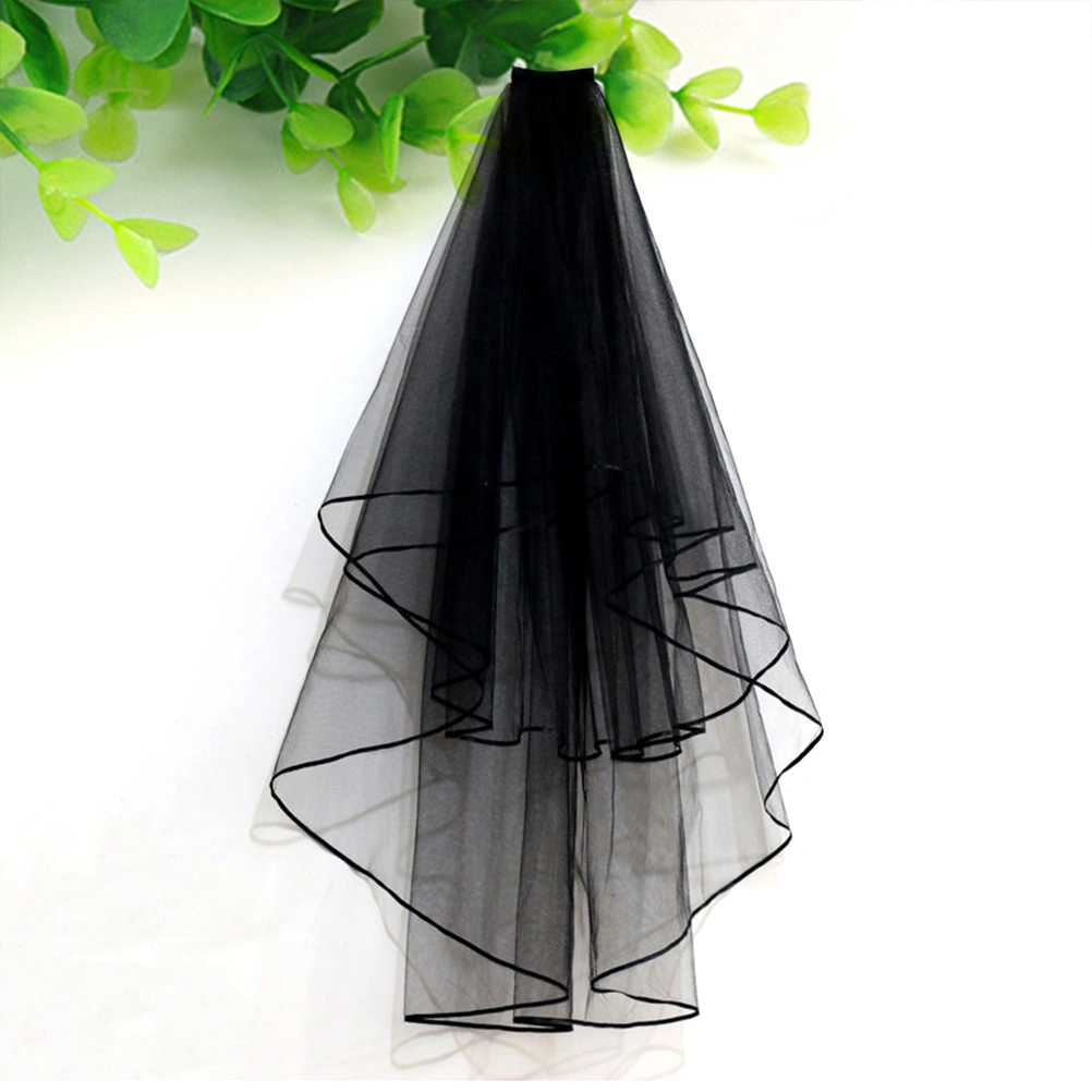 1pc Bride Wedding Veil Retro Black Long with Ribbon Border for Women Ladies (Black)