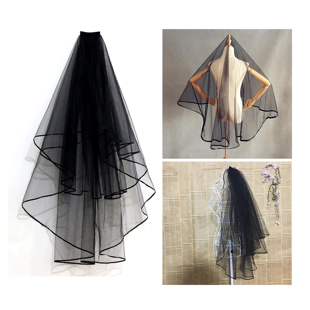 1pc Bride Wedding Veil Retro Black Long with Ribbon Border for Women Ladies (Black)