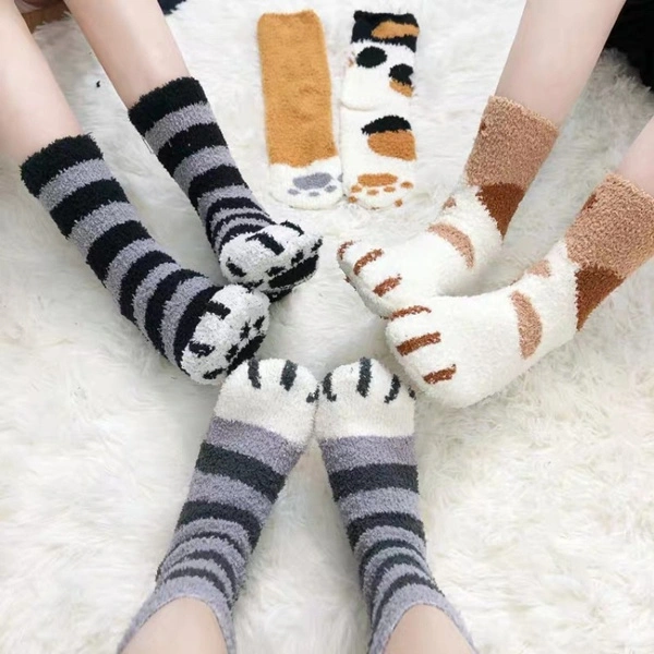 Autumn and Winter Coral Fleece Socks Cat Claw Socks Thick Floor Socks Snow Socks Women Plus Velvet Cartoon Home Tube Sleeping Socks