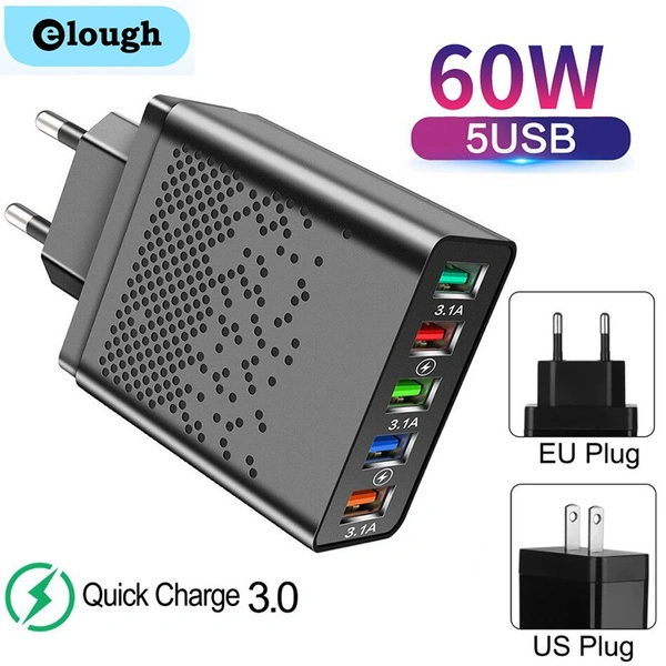 Elough 60W USB Charger Phone Charger QC 3.0 5 Ports Fast Charging Adapter For iPhone 13 12 11 For Samsung Huawei Xiaomi usb chargeur