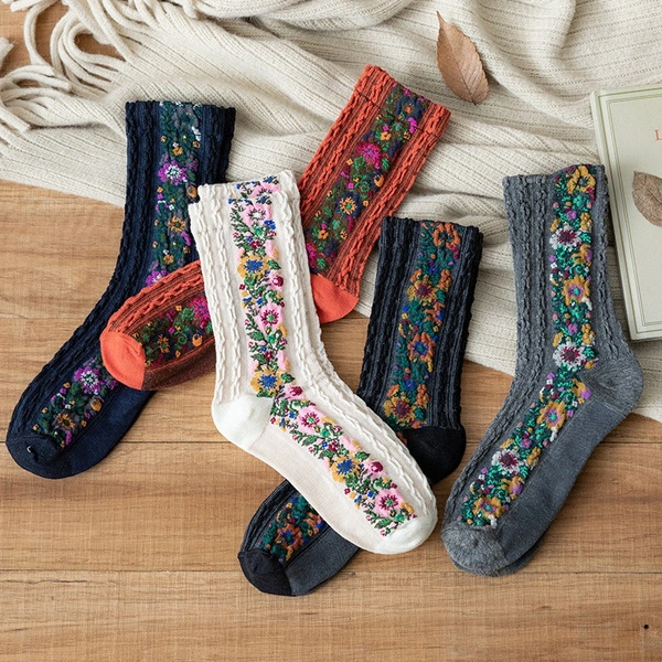 Women Socks Warm and Cute Cotton Euramerican National Wind Flowers Autumn and Winter Ladies Socks