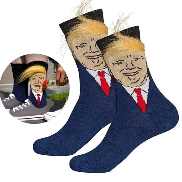 Funny Socks Men President Donald Trump Socks Yellow Wig Hair Unisex Crew Socks Hot Hip Hop Skateboard Cotton Happy Socks