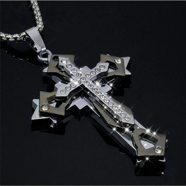 High-quality Men and Women Fashion Crystal Jewelry Cross Multi-layer Necklace Jewelry Gift Necklace (color: Gold, Black, Blue)