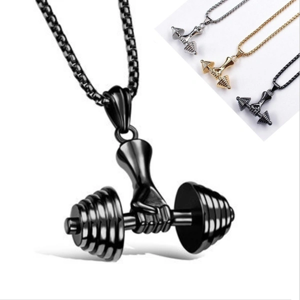 3 Colors Fashion Men Necklaces Stainless Steel Dumbbell Pendant Necklace Barbell Sport Dumbbell Necklaces Sport Fitness Pendant & Chain for Men Jewelry Gifts