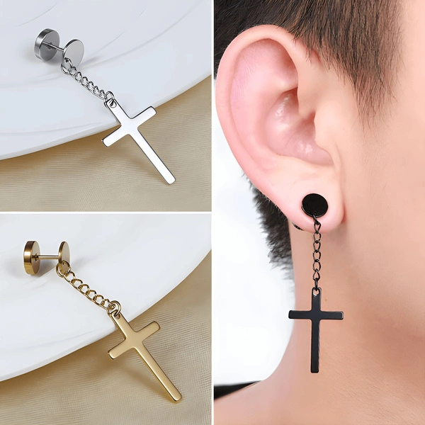 2PCS/1 Pair Stainless Steel Gothic Black Cross Earrings Stud Drop Dangle Hoop Men/Women Jewelry