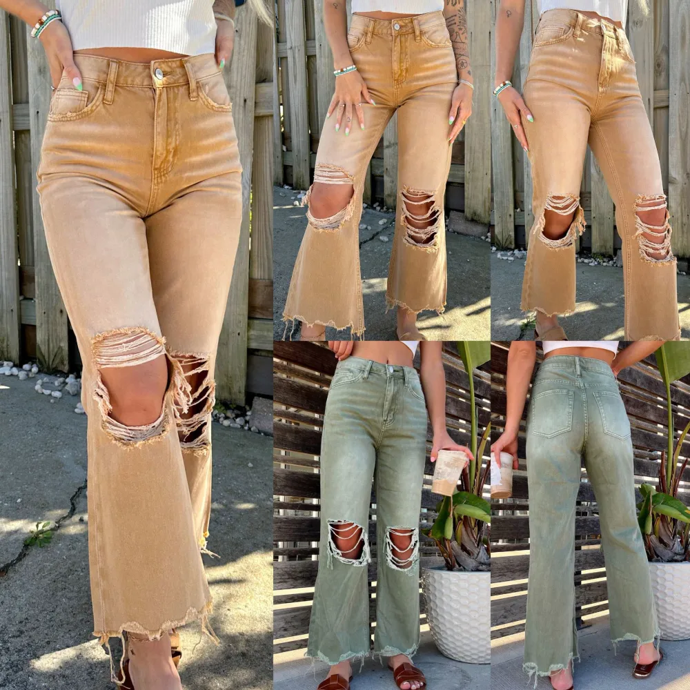 Women Denim Jeans Ripped Hole Straight Pants Ladies Casual Loose Jean Trousers