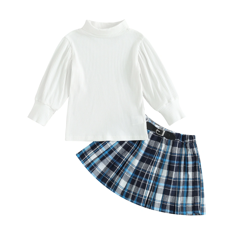 Girls White Long Sleeve High Neck Tops Pleated Plaid Skirt Set