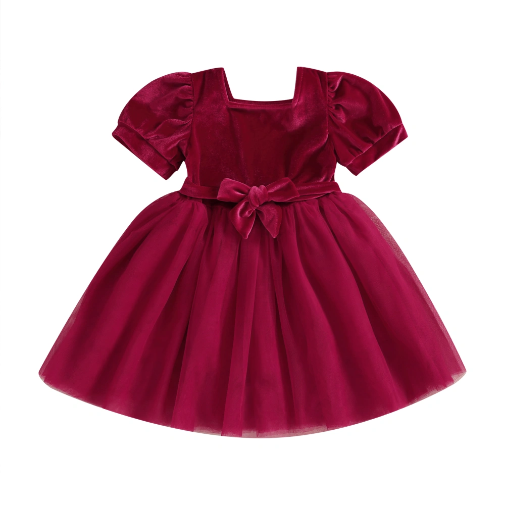 Kids Girls Dress Solid Color Square Neck Short Sleeve Dress with Belt