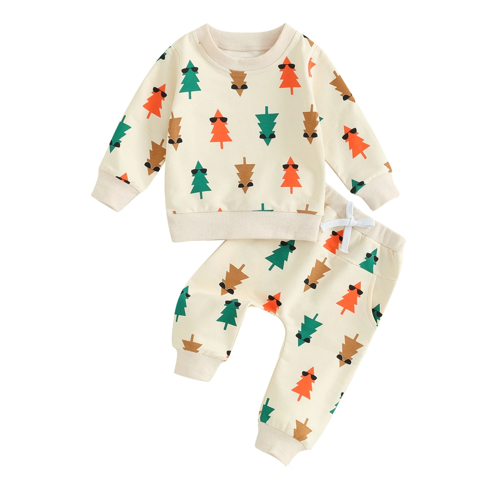 Christmas Boys Pants Set, Tree Print Long Sleeve Sweatshirt Sweatpants