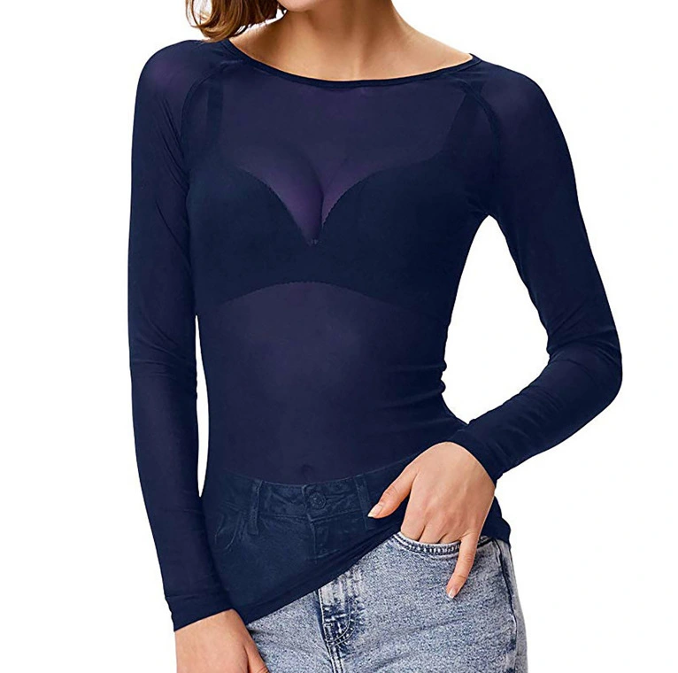  
    Women's Fashion Long Sleeve Mesh See Through Tops Ladies Round Neck Pullover Tops Blouse