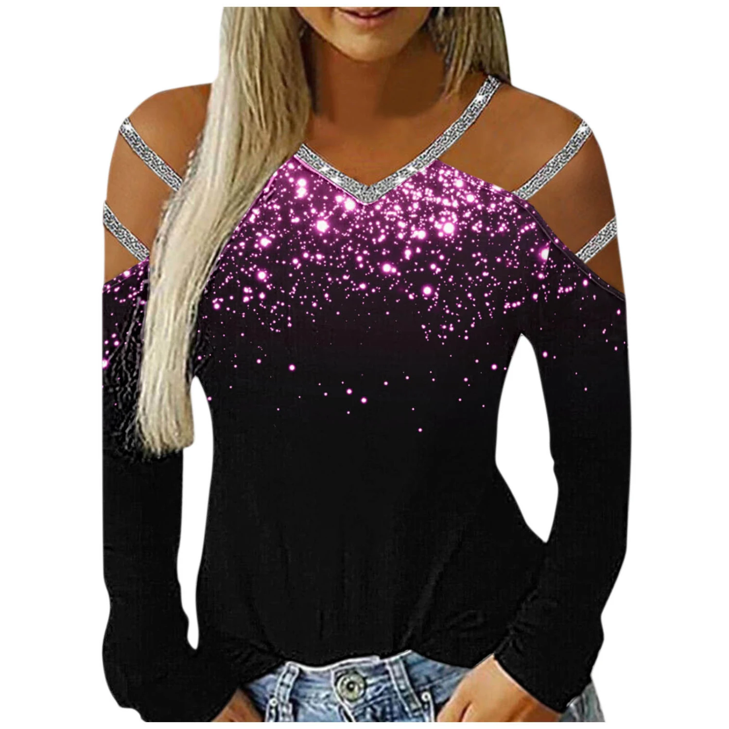 Women's Sequin Cold Shoulder Blouse Ladies V Neck Holiday Tunic Tee T-Shirt Tops