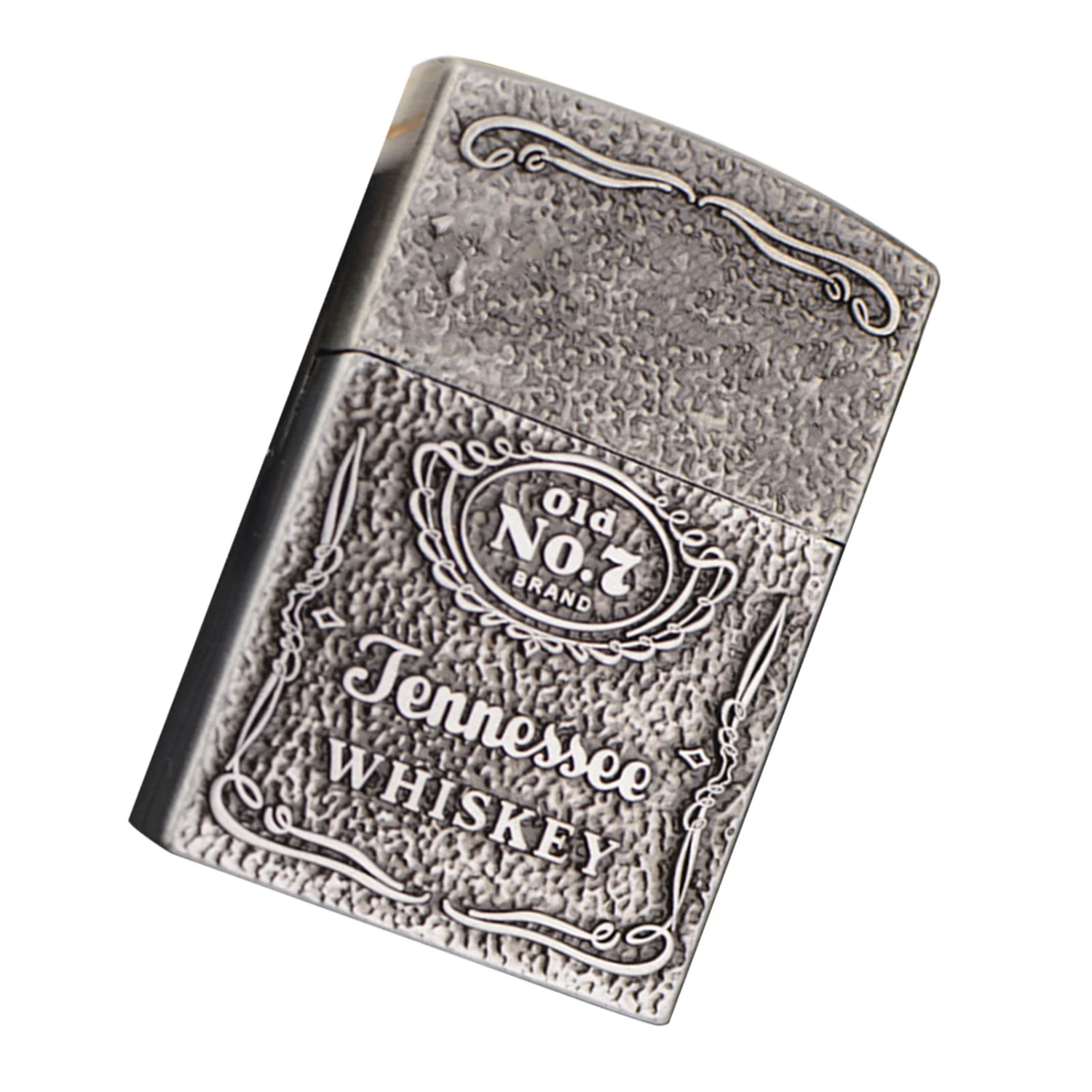Flame Cigar Lighter with Wheel Flint Ingnition Vintage 3D Carving Refillable Butane Lighter for Men Dad Husband Silver