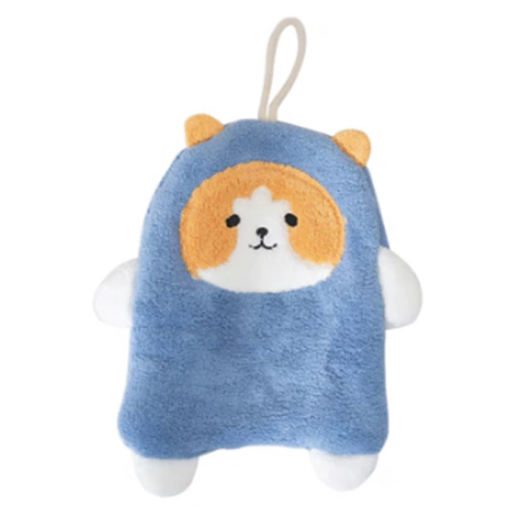 Towel Dog Pattern Coral Fleece Strong Water Absorption Fast Drying Hanging Hand Towel Blue