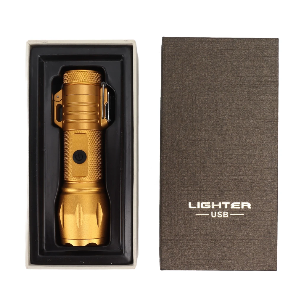 Electric Lighter Waterproof Windproof Aluminum Alloy Portable Lighter with Flashlight 3.7v Gold