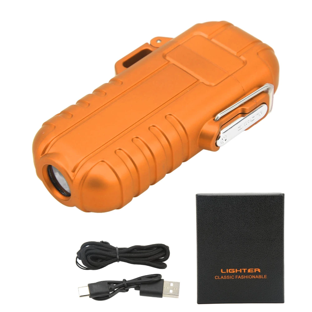 Outdoor Double Arc Electric Lighter Portable Waterproof Flashlight Lighter Charging Pulse Windproof Lighter Orange