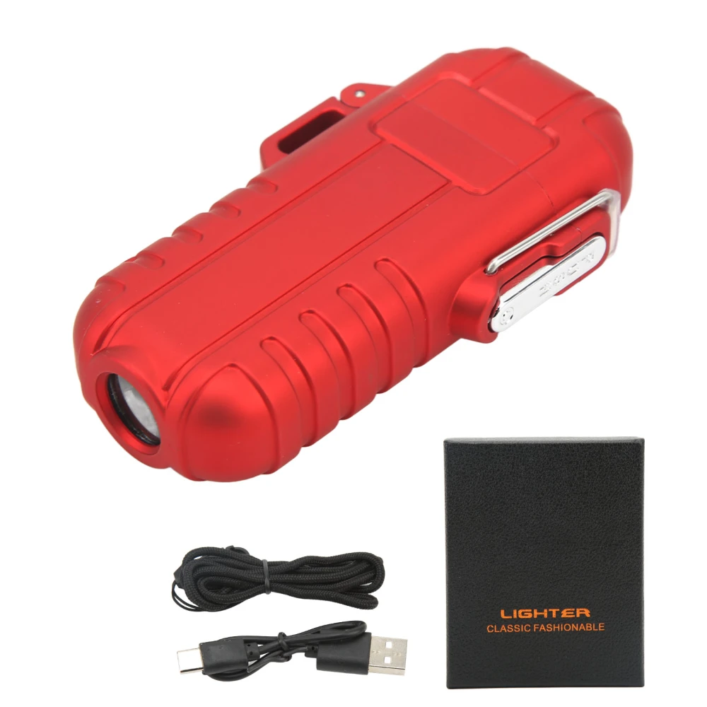 Outdoor Double Arc Electric Lighter Portable Waterproof Flashlight Lighter Charging Pulse Windproof Lighter Red