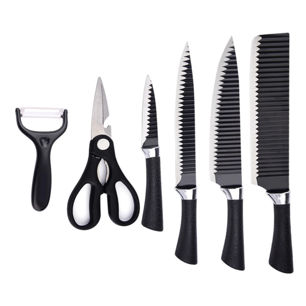 6 Pieces Kitchen Knife Set Stainless Steel Chef Knife Peeler Scissors Set with Silicone Handle Wavy Pattern Black